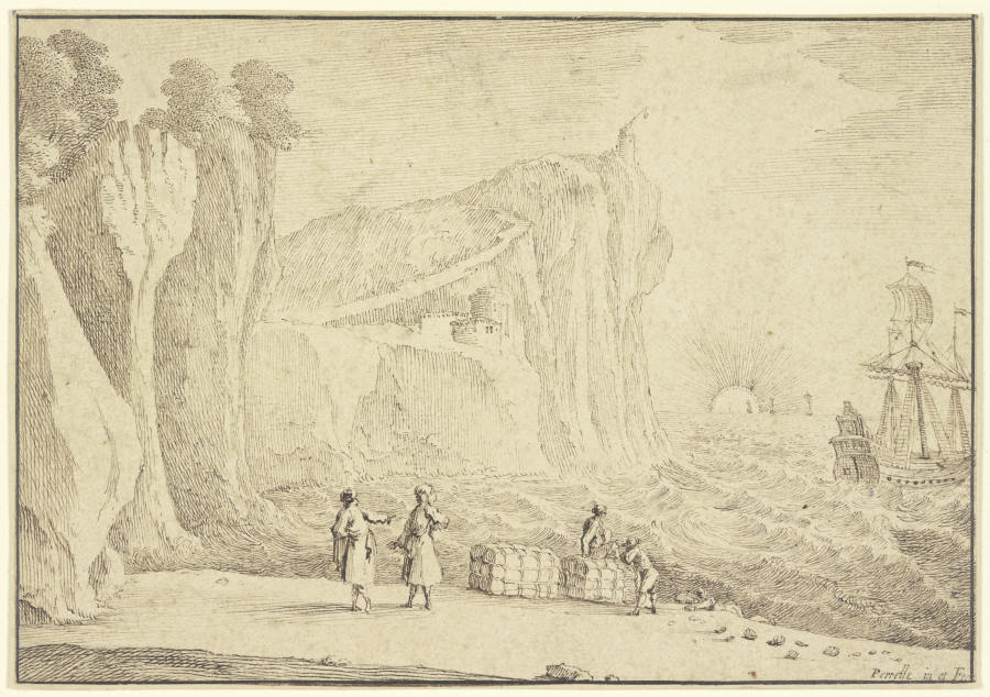 Meeresstrand an hohen Felsenufern, auf welchem ein Leuchtturm und ein Schloß stehen, vorne fünf Pers from Gabriel Perelle