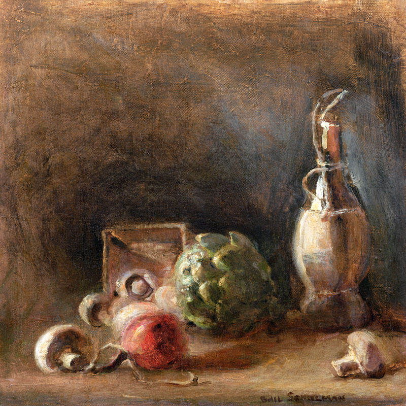 Wine Jug with Artichoke and Mushrooms (oil on canvas)  from Gail  Schulman