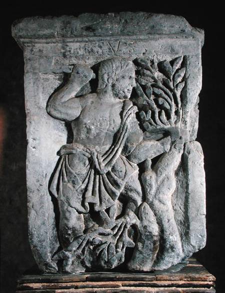 Capital of the Nautes Pillar depicting Esus cutting mistletoe from Gallo-Roman