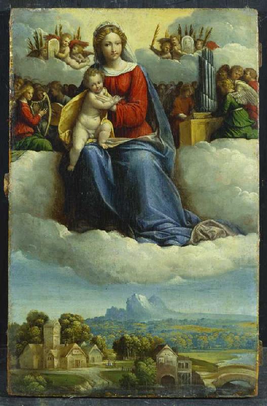 Madonna mit Kind umgeben von musizierenden Engeln über einer Waldlandschaft. from Garofalo