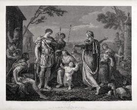 Coriolanus Akt V Szene III - Coriolanus, Aufidius, Volumnia, junger Marcus, Valeria und Begleiter