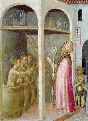 St. Nicholas Resuscitates the Three Children Thrown into Brine Tubs, detail from a predella panel of
