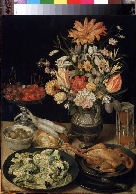 Still life with flowers and snack