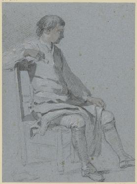 Auf einem Stuhl sitzender Mann mit einer Pfeife in der rechten Hand, im Profil nach rechts