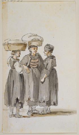 Drei Bäuerinnen im Gespräch, die linke und die mittlere mit einem Korb auf dem Kopf