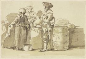 Ein alter Mann und zwei Frauen bei Fässern und Säcken stehend in einer Unterhaltung