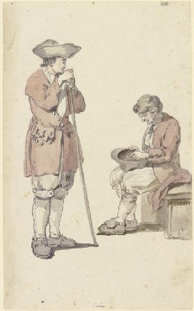 Ein junger und ein alter Schweizer Bauer, der junge stehend mit einem Stab, der alte sitzend