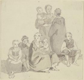 Gruppe von stehenden und sitzenden Frauen mit Kindern