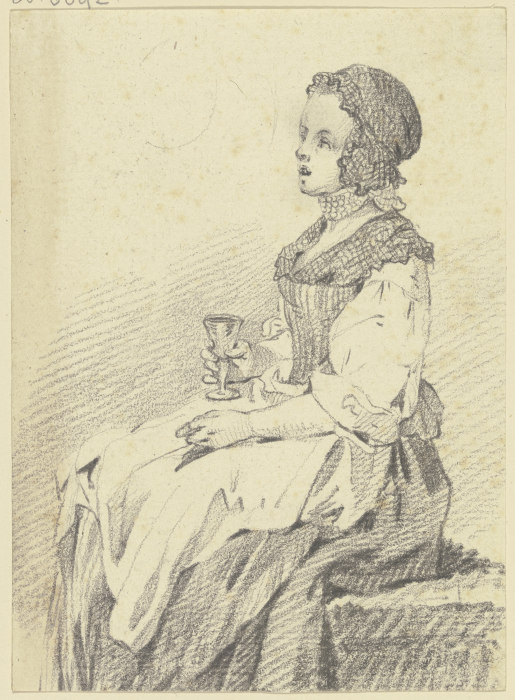 Sitzendes junges Mädchen mit Haube und Halsband, im Profil nach links, ein Glas in der rechten Hand  from Georg Melchior Kraus