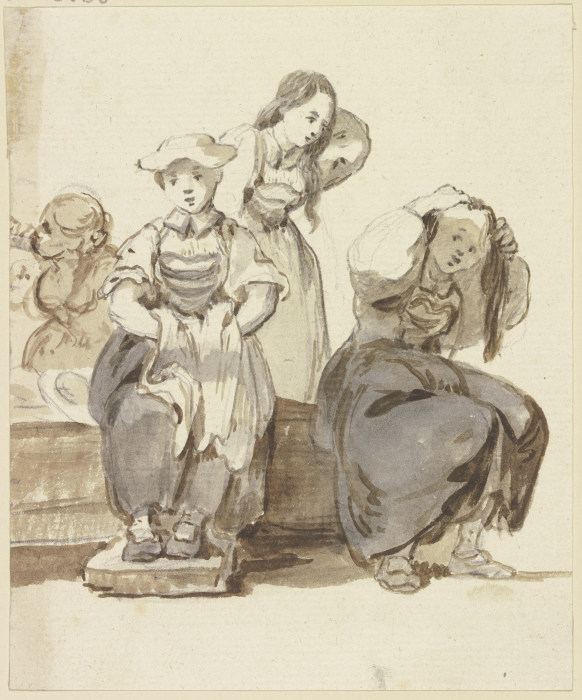 Vier junge Mädchen bei einem Brunnen, zwei von ihnen ordnen sich die Haare from Georg Melchior Kraus
