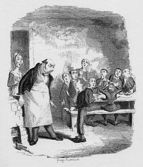 Oliver asking for more, from ''The Adventures of Oliver Twist'' Charles Dickens (1812-70) 1838, publ from George Cruikshank
