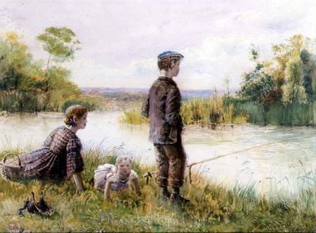 Children fishing by a stream from George Goodwin Kilburne
