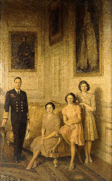 Die königliche Familie: King George VI, Queen Elizabeth und ihre beiden Töchter, Prinzessin Margaret from George Harcourt