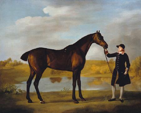 The Duke of Marlborough''s (?) Bay Hunter, with a Groom in Livery in a Lake Landscape