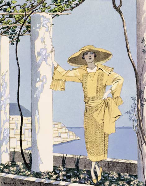 Amalfi, illustration of a woman in a yellow dress by Worth, 1922 (pochoir print) from Georges Barbier