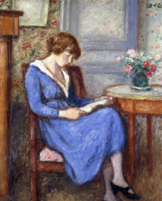 Madame dEspagnat sitzend, in einem blauen Kleid (Mme dEspagnat Assise à la Robe Bleu). from Georges de Espagnat