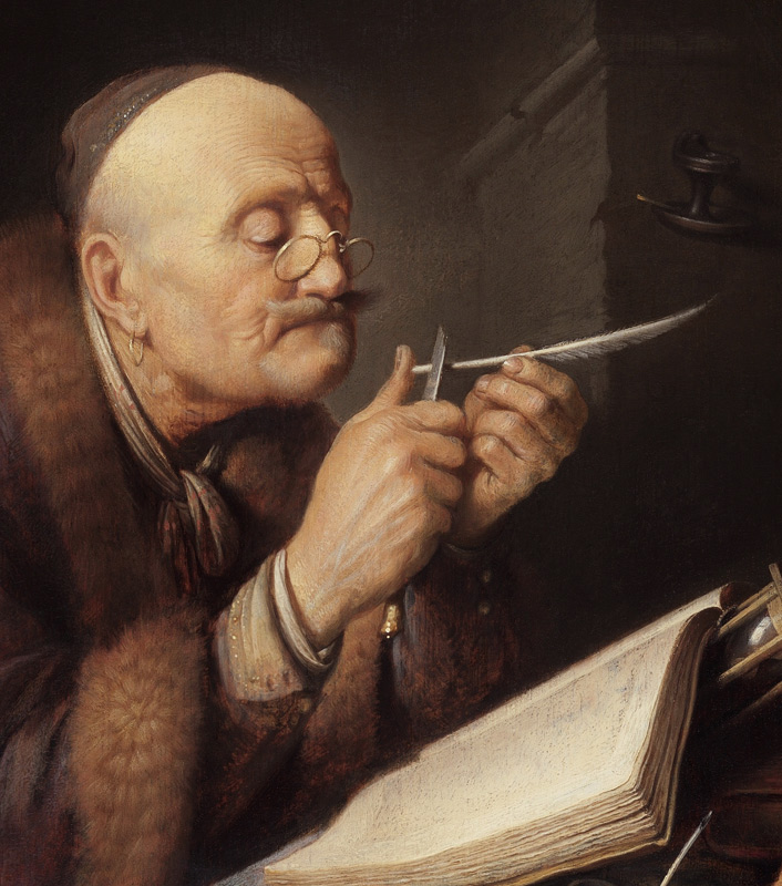 Scholar sharpening a quill pen from Gerard Dou