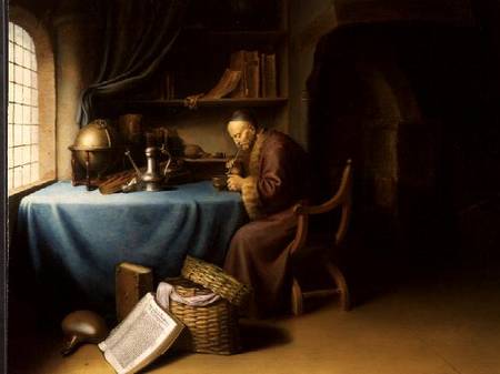 An Old Man Lighting his Pipe in a Study from Gerard Dou