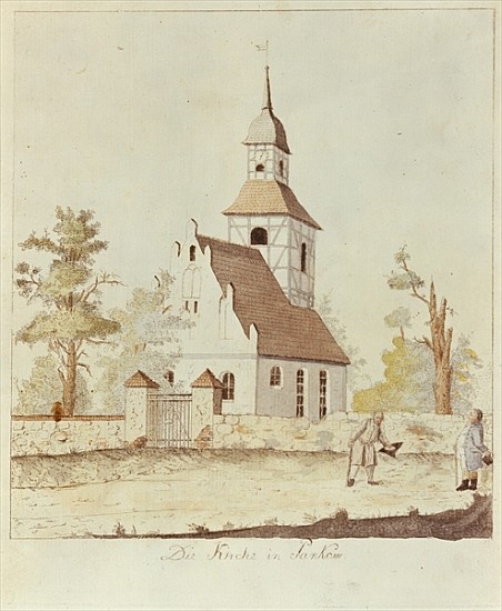 Church in Pankow, Berlin (coloured etching) from German School