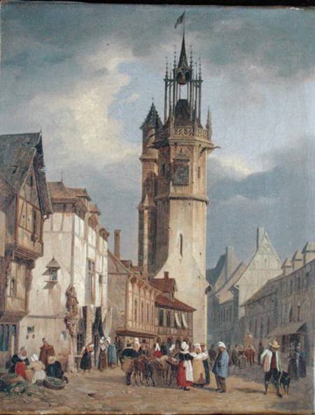 French Town Scene with a Bell Tower from German School