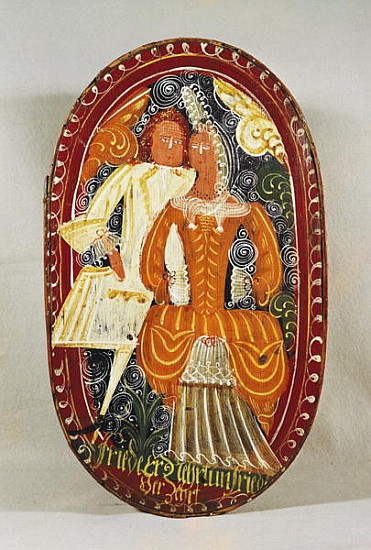 Marzipan box depicting a man and woman, c.1660 (painted wood) from German School