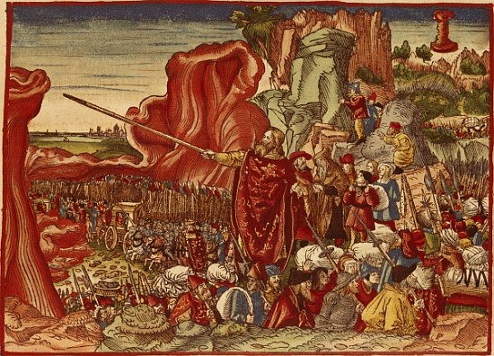 Moses parting the Red Sea, image from the Luther Bible (hand coloured print) from German School