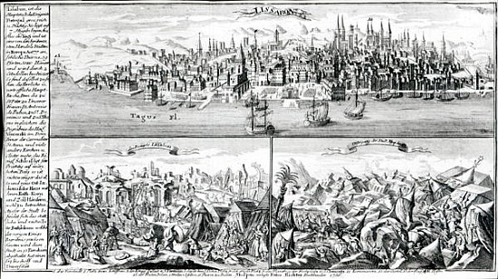 The city of Lisbon before, during and after the Earthquake of 1755 from German School
