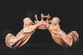 A pair of flying angels supporting a crown