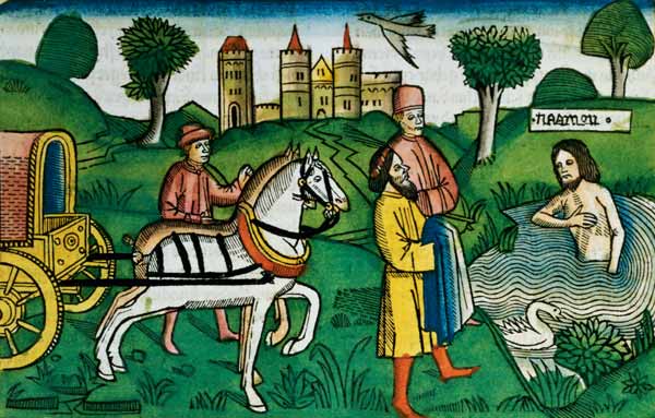 2 Kings 5 14 The cleansing of Naaman (coloured woodcut) from German School, (15th century)