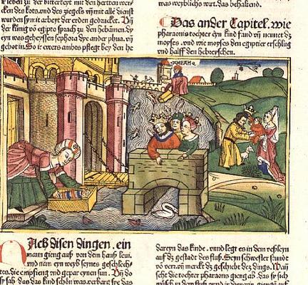 Exodus 2 1-6 Moses being floated down the Nile and discovered by one of Pharaoh's wives (coloured wo from German School, (15th century)