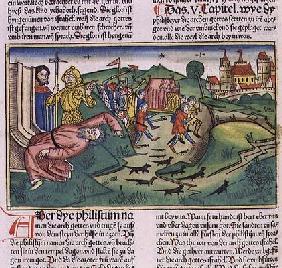 I Samuel 5:1-11 The Philistines seize the Ark and are struck by the plague (coloured woodcut)