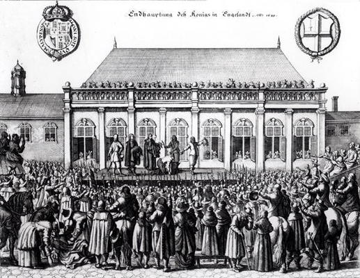 Execution of Charles I (1600-49) at Whitehall, January 30th 1649 (engraving) (b&w photo) from German School, (17th century)