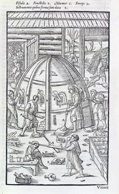 Glassworks, illustration showing the marble furnace and glass blowers (woodcut)