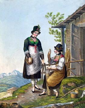 Dairymaids in the Alps near Tegernsee, early 19th century (colour engraving)