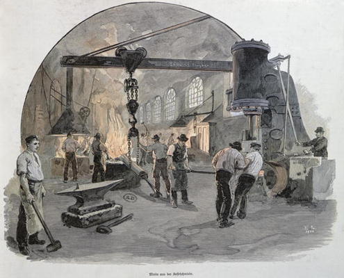 Forges at the Imperial Engineering Works at Kiel (colour engraving) from German School, (20th century)