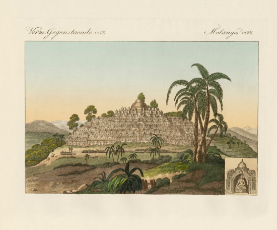 The temple of Buddha of Borobudur in Java from German School, (19th century)