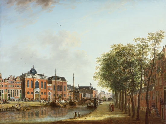 View of the Kloveniersburgwal in Amsterdam, with the Waag, and barge moored in the front of Trippenh from Gerrit Adriaensz Berckheyde