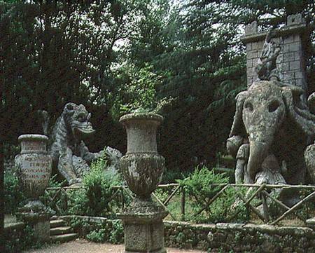 One of Hannibal's elephants and a dragon fighting with a lion, sculptures from the Parco dei Mostri from Giacomo Barozzi da Vignola