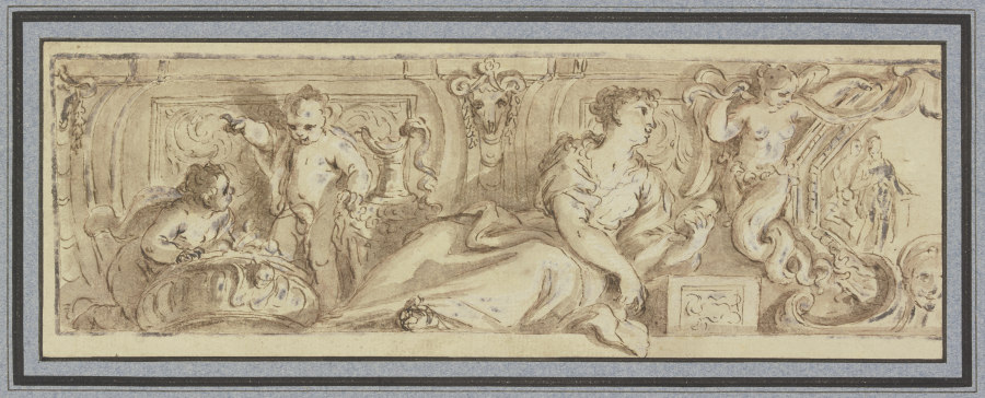 Friesartiges Ornament mit einer liegenden weiblichen Figur, zu ihren Füssen zwei Amoretten bei große from Giambattista Zelotti