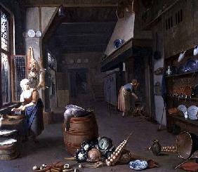 Kitchen interior with two maids preparing food