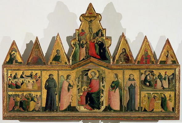 Polyptych: central panel depicting the Madonna and Child Enthroned with Angels and Saints surrounded from Giovanni Baronzio da Rimini