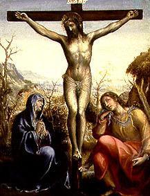 Der gekreuzigte Jesus mit Maria und Johannes.