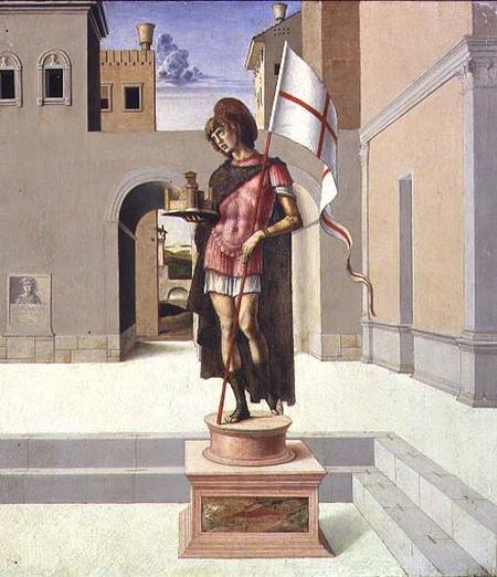 St. George depicted as a polychrome statue in a town square, predella from Giovanni Bellini