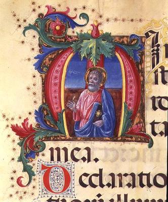 Ms 542 f.31r Historiated initial 'H' depicting a male saint from a psalter written by Don Appiano fr from Giovanni di Guiliano Boccardi