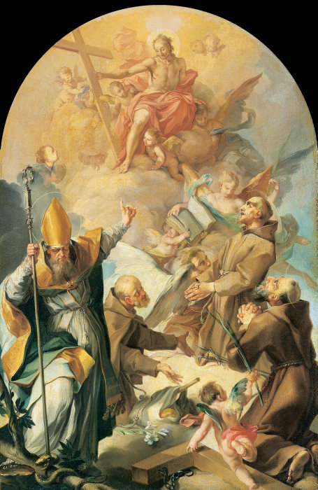 Drei Kapuzinerheilige und ein heiliger Bischof beten Christus und das Kreuz an from Giovanni Lanfranco