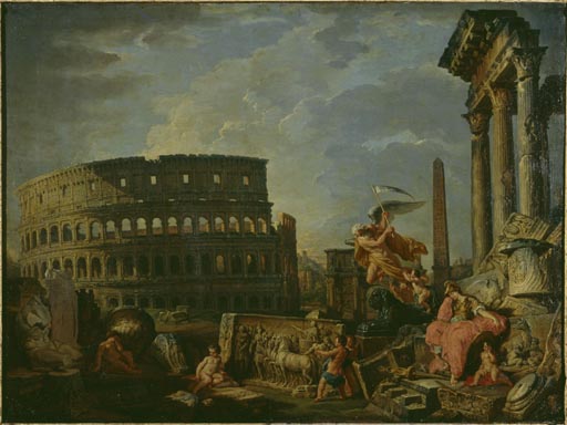 Ruinenlandschaft mit Kolosseum und Konstantinsbogen und Allegorie auf den Untergang des Roemischen R from Giovanni Paolo Pannini
