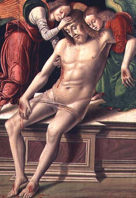 Dead Christ supported by two angels from Giovanni Santi or Sanzio
