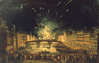 Feuerwerk über der Ponte alla Carraia in Florenz am Feste Johannes d. Täufers. from Giovanni Signorini