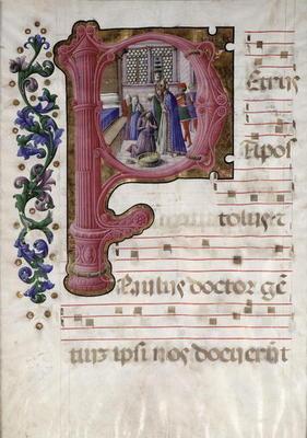 Historiated initial 'P' depicting the Baptism of Constantine (c.274-337) from a Lombardian antiphona