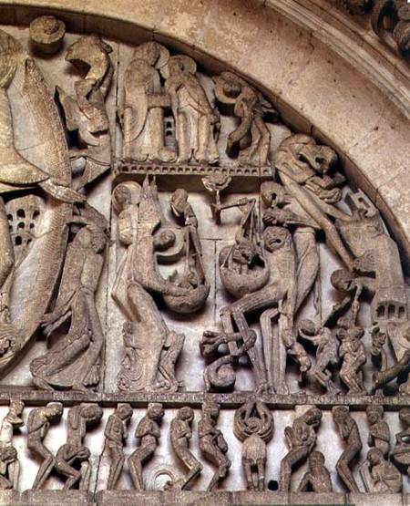 West Portal, detail of the Last Judgement, right hand side depicting the Weighing of Souls from Gislebertus